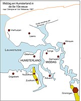 Kaart van Middag en Humsterland ten tijde van de inbraken van de Lauwerszee (800-1000). In kleur de pleistocene opduikingen van het Drents plateau