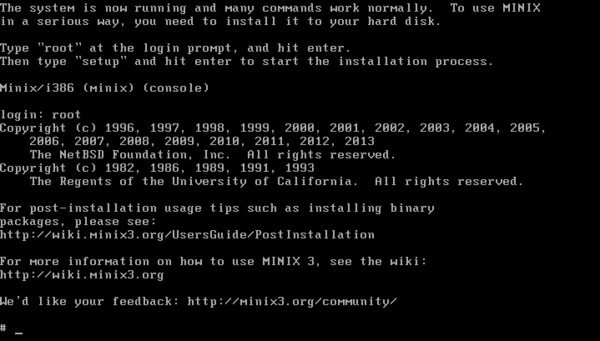 The MINIX 3.3.0 login prompt