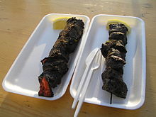 Minke whale meat kebabs, sold in Reykjavik, Iceland, 2009 Mink Whale Meat Iceland.JPG