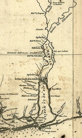 A detail of Jean Baptiste Bourguignon d'Anville's 1732 map of Louisiana showing Mobile Bay, the Mobile colony (Fort Conde de la Mobile), many rivers, bays, Native American settlements & Isle Dauphine. Mobile in 1732.jpg