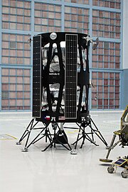 Nova-C lander model, on display on May 2019 at NASA's Goddard Space Flight Center in Greenbelt, Maryland NASA Selects First Commercial Moon Landing Services for Artemis Program (47974872533) Nova C Crop.jpg