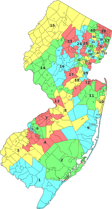 The new 1973 districts after redistricting, the first under the modern New Jersey districting standard. New Jersey Legislative Districts Map (1973).svg