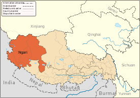 Mapa do Tibete (a laranja) com a prefeitura de Ngari a vermelho
