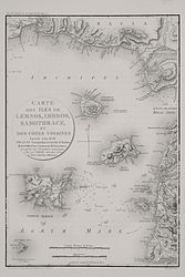 Χάρτης όπου η νησίδα απεικονίζεται ως Rocher sur lequel il y a 3 pieds d' eau (Βράχος πάνω στον οποίο υπάρχουν 3 πόδια του νερού), από έργο του Σουαζέλ Γκουφιέ το 1809