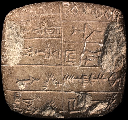Spijkerschift op een stenen tablet uit het 3de millennium v.Chr., Koninklijke Musea voor Kunst en Geschiedenis, Brussel