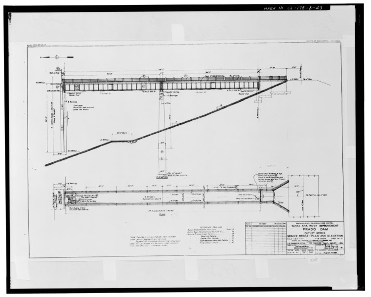 File:OUTLET WORKS- SERVICE BRIDGE - PLAN AND ELEVATION. Sheet 37, August 20, 1938. File no. SA 121-76. - Prado Dam, Outlet Works, Santa Ana River near junction of State Highways 71 HAER CAL,33-CORO.V,1B-43.tif