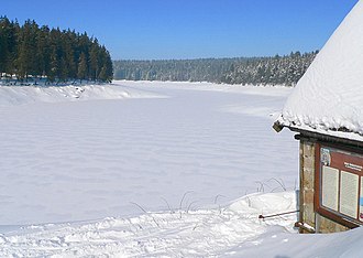The Oderteich in winter. Right: the control hut (Striegelhaus) on the dam Oderteich Winter.jpg