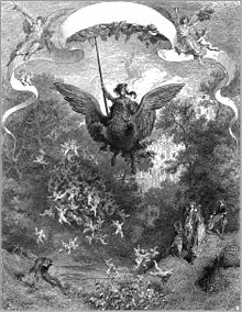 Sous une bannière tendue par deux anges, un chevalier s'avance, lance pointée vers le haut, sur le dos d'une créature volante mi cheval et mi aigle.