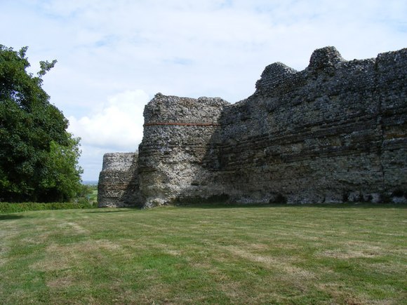 Roman masonry, with its distinctive bands of Roman tiles, in the walls of the Saxon Shore fort of Anderitum, which was later re-fortified as Pevensey Castle in East Sussex.