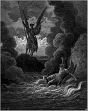 Ciemna jaskinia;  na pierwszym planie leżąca ludzka postać, otoczona oparami;  u dołu otwór na niebo, z którego wyłania się rogaty diabeł z trójzębem