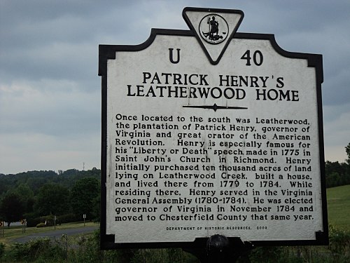 Virginia state historic marker for plantation of Patrick Henry, county's namesake, Leatherwood, Henry County