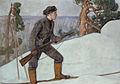«Gaupejeger på ski» (Ilveksenhiihtäjä), malt den finske folkelivsskildreren Pekka Halonen i 1900, viser en jeger med krutthorn og -flasker.