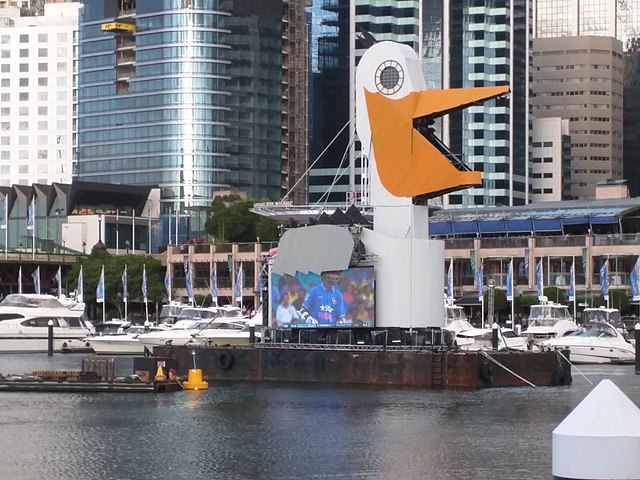 An LED jumbotron display aboard a pelican barge.