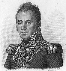 Black and white print of glum-looking man with wavy hair. He wears a Napoleonic-era military uniform with epaulettes and lots of gold lace.