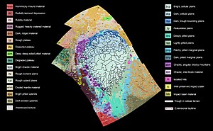 A geological map of the Sputnik Planitia basin on the dwarf planet Pluto. Analysis of planetary surfaces and surface features is a major component of planetary science Pluto's Sputnik Planum geologic map (cropped).jpg