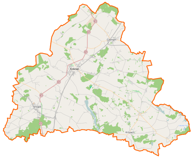Mapa konturowa powiatu kościańskiego, na dole nieco na prawo znajduje się punkt z opisem „Krzywiń”