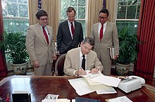 Ronald Reagan signing a veto. President Ronald Reagan signing veto of defense authorization bill.jpg