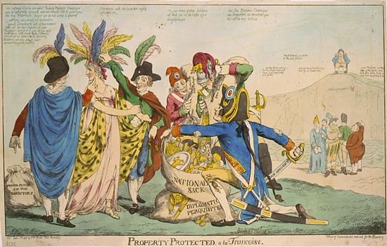 A British political cartoon depicting the affair: The United States is represented by Columbia, who is being plundered by five Frenchmen, three of whom are wearing French cockades, one wearing the Phrygian cap – symbols of revolutionary, republican France. The figures grouped off to the right are other European countries; John Bull, representing Great Britain, sits laughing atop the white cliffs of Dover.