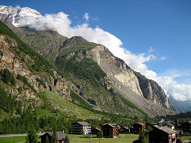 A large debris fan, deposited by a rockslide in the 1990s, can be seen above the village of Randa in the Matter valley. Randa-Rockslide-Town.JPG