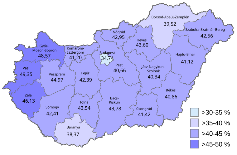 Turnout in the quota referendum by counties Referendum in Ungarn 2016 Wahlbeteiligung.svg