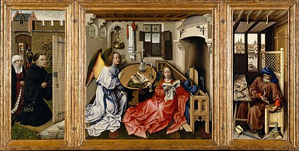 At work in the Mérode Altarpiece, 1420s, attributed to Robert Campin and his workshop