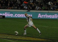 Roosters forward Craig Fitzgibbon kicking a conversion in a finals match against the Warriors, 2008. Roosters Fitzy.jpg