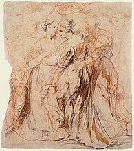 Estudio de las Tres Mujeres (Psique y sus hermanas) 1635. Este dibujo fue hecho a base de sanguina, una técnica que acompañó a Rubens durante toda su carrera artística.