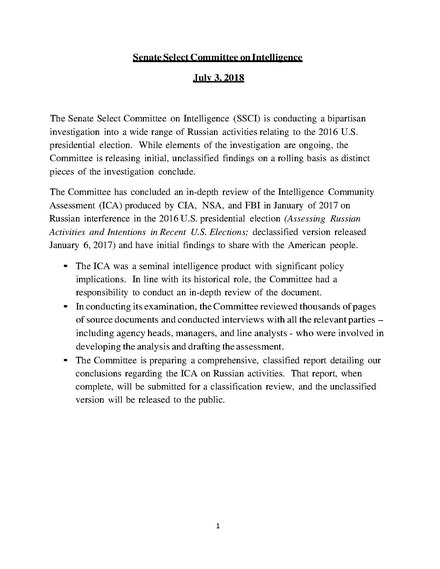 Unclassified Summary of Initial Findings on 2017 Intelligence Community Assessment released by the Senate Select Committee on Intelligence SSCI ICA ASSESSMENT FINALJULY3.pdf