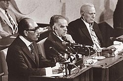 November 19, 1977: Egyptian President Anwar Sadat becomes the first Arab leader to visit Israel, addresses the Knesset at Tel Aviv Sadat knesset 1977.jpg