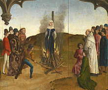 Richardis undergoing ordeal by fire. Painting by Dierec Bouts. Saint Richardis (fragment of The Ordeal by Fire by Dierec Bouts the Older).jpg