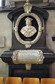 Mural monument in Salisbury Cathedral with marble bust of Robert Hyde Salisbury Cathedral Memorial to Sir Robert Hyde (50422523732).jpg