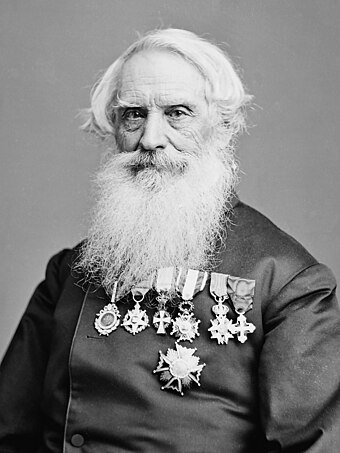 Portrait of Samuel F. B. Morse taken by Mathew Brady, in 1866. Medals worn (from wearer's right to left, top row): Nichan Iftikhar (Ottoman); Order of the Tower and Sword (Portugal); Order of the Dannebrog (Denmark); cross of the Order of Isabella the Catholic (Spain); Legion of Honour (France); Order of Saints Maurice and Lazarus (Italy). Bottom row: Grand cross of the Order of Isabella the Catholic (Spain)