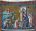 Anbetung der Heiligen drei Könige; byzantinisches Mosaik in Santa Maria in Trastevere in Rom (um 1250)
