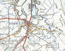 A 1945 Ordnance Survey of Sandwich showing the location of the mainline station and the branch of the light railway Sandwich kent map1945.jpg