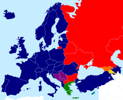 地图上的颜色表示国家官方文字用的字母系统   希腊字母   希腊字母及拉丁字母   拉丁字母   拉丁字母及西里尔字母   西里尔字母   格鲁吉亚字母   亚美尼亚字母