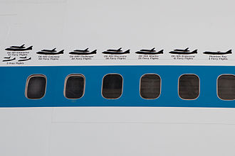 Silhouettes listing the number of ferry and free flights of the various Orbiters and the Phantom Ray on the port side of one of the SCAs Shuttle Carrier Aircraft - Silhouettes.jpg