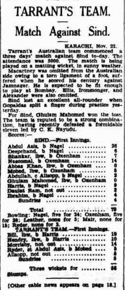 The match held between Sindh(Called then as Sind) & Australia in Karachi on 22 November 1935 was reported by The Sydney Morning Herald