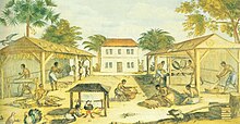 Slaves working in the tobacco sheds on a plantation (1670 painting).jpg