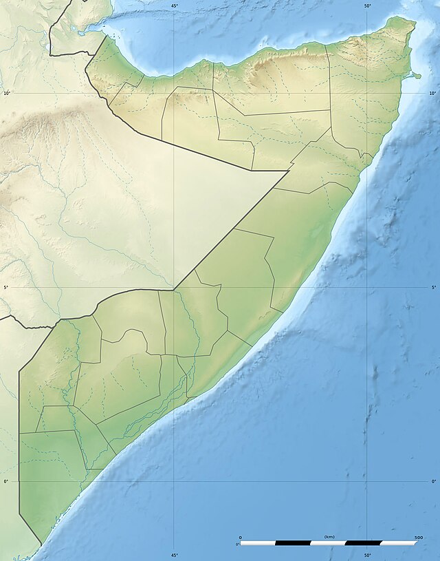 Mapa konturowa Somalii, u góry nieco na lewo znajduje się punkt z opisem „miejsce bitwy”