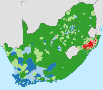 Map showing the largest party in each ward following the election | style="font-size:90%; margin:0 auto;" |
.mw-parser-output .legend{page-break-inside:avoid;break-inside:avoid-column}.mw-parser-output .legend-color{display:inline-block;min-width:1.25em;height:1.25em;line-height:1.25;margin:1px 0;text-align:center;border:1px solid black;background-color:transparent;color:black}.mw-parser-output .legend-text{}
African National Congress majority
||
African National Congress plurality
|- |
Democratic Alliance majority
||
Democratic Alliance plurality
|- |
Inkatha Freedom Party majority
||
Inkatha Freedom Party plurality
|- |
Other party majority
||
Other party plurality
|- | South Africa national election 2019 winner by ward.svg