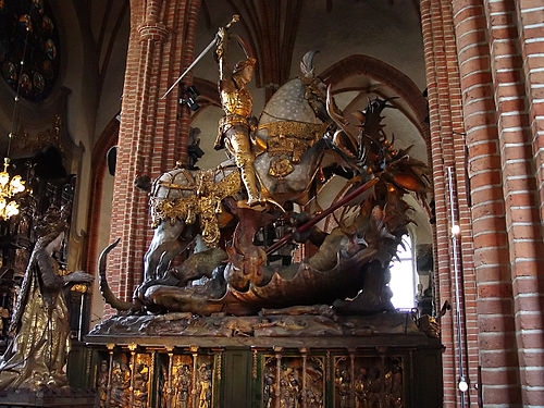 سنت جورج و اژدها ، کنده کاری چوب توسط چند Bernt Notke در استکهلم را Storkyrkan (1470s).