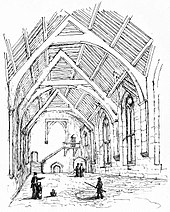 A sketch of the castle's hall, including workers and visitors, by Frances Stackhouse-Acton in 1868 Stokesay Castle hall, 1868.jpg