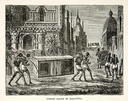 Palanquin in the streets of Calcutta, an engraving, c. 1881.