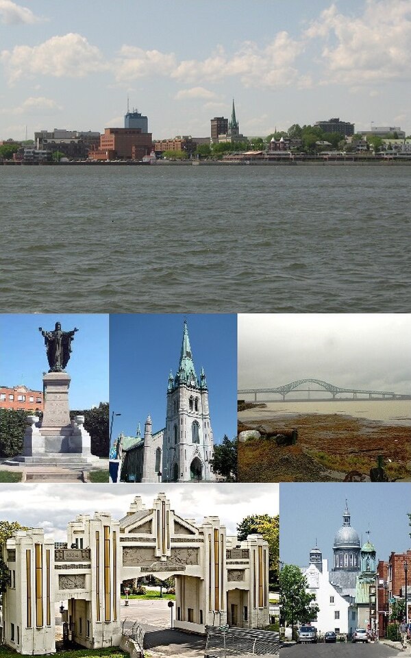 From top, left to right: Downtown Trois-Rivières from the St. Lawrence River, monument to Sacré-Coeur, Trois-Rivières Cathedral, Laviolette Bridge, Pa