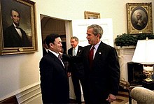 U.S. President George W. Bush meets with Prime Minister Thaksin Shinawatra of Thailand in the Oval Office Tuesday, June 10, 2003 Thaksin Bush DC 20030610.jpg