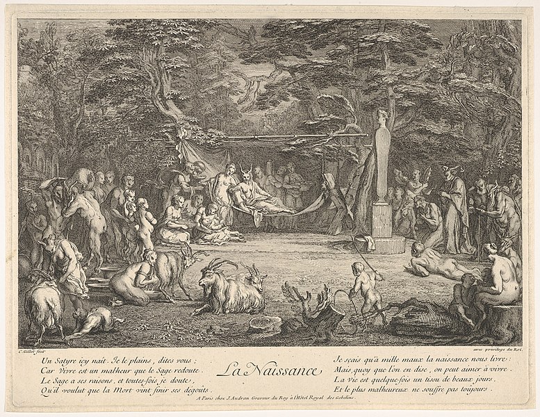 File:The Birth (La Naissance)- in a forest, the new mother resting in a hammock at center, the newborn below her to left, various satyrs and goats surrounding, from 'The lives of satyrs' (La vie des satyres) MET DP832472.jpg