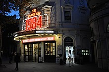 Production of the play 1984 at the Playhouse Theatre in the West End. Orwell's works have been adapted for stage, screen and television. They have also inspired commercials and songs, and he is often quoted. Historian John Rodden called him a "cultural icon". The Playhouse 1984 London Cinema Marquee.jpg
