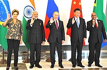 BRICS, a supranational economic cooperative comprising five major emerging national economies--Brazil, Russia, India, China and South Africa--grew to represent over 3.1 billion people, or about 41 percent of the world population by 2015. The Prime Minister, Shri Narendra Modi with other BRICS leaders at a meeting, on the sidelines of G20 Summit 2015, in Turkey on November 15, 2015.jpg