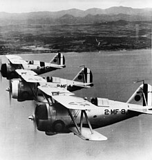 Grumman F3Fs of VMF-2 Three Grumman F3F-2 of VMF-2 flying in formation in the late 1930s.jpg