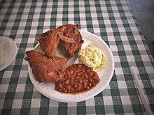 Three-piece fried chicken, baked beans, and slaw served at Gus's Three piece fried chicken, baked beans, slaw.jpg